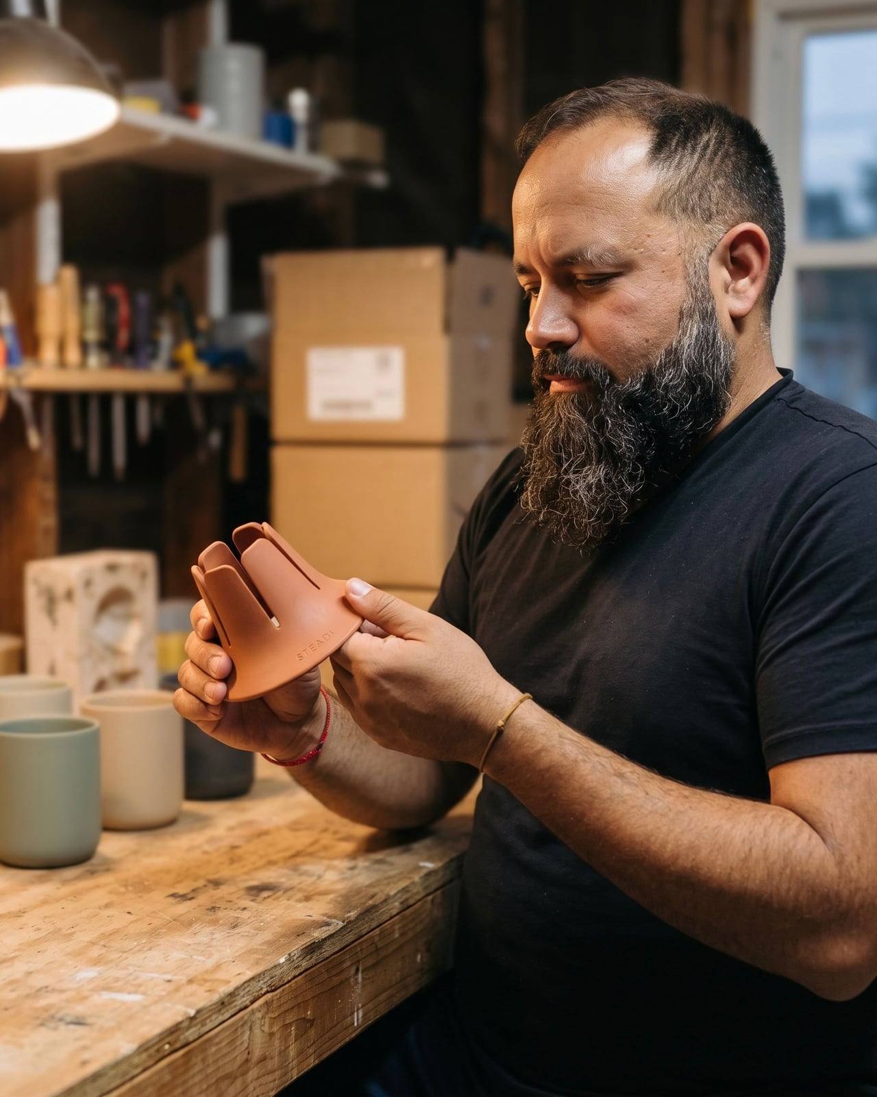 Scott, the founder, holding the flexible-finned base in terracotta.