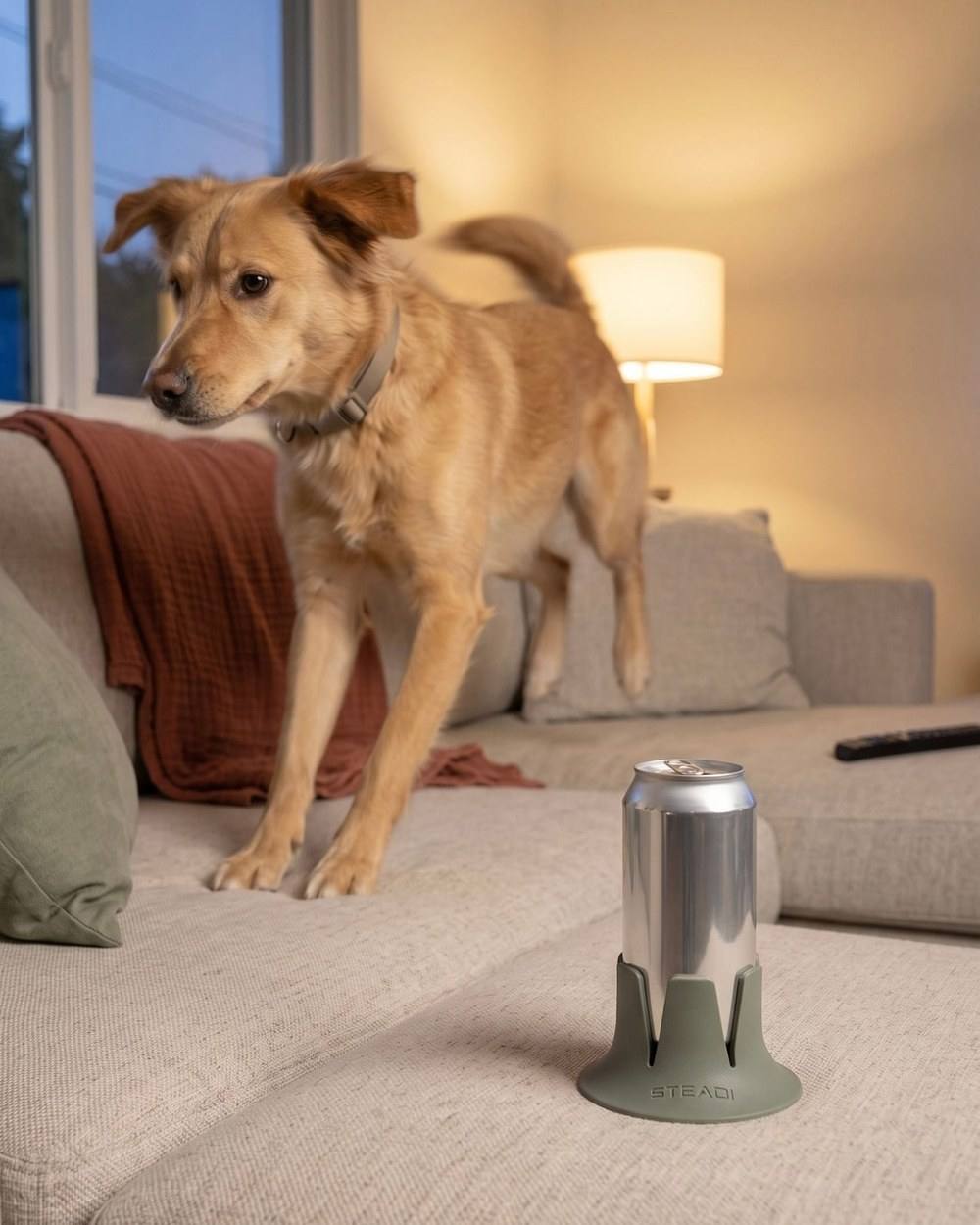 A dog stepping up onto the couch beside a can seated in a sage drink base.